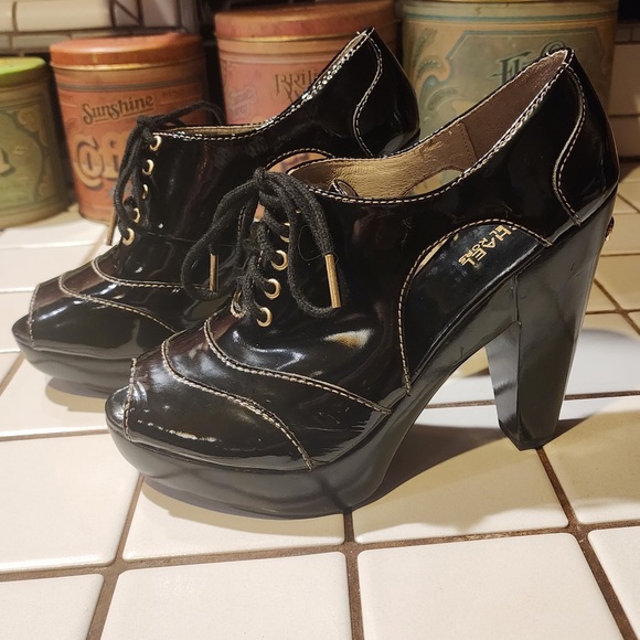 MICHAEL Michael Kors Peep Toe Oxford Black Patent Leather Heels 8.5 - Picture 3 of 12